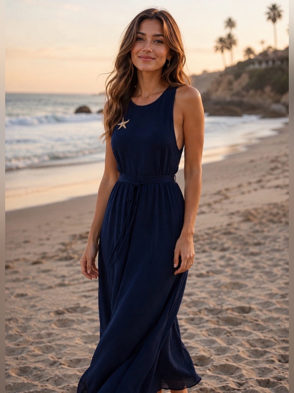 Sleeveless Navy A-Line Midi Flowy Lightweight Coastal Starfish Brooch Dress